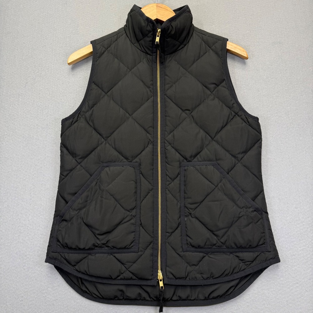 J.Crew Womens Black Quilted Excursion Down Vest Gold Zip 92465 XS FA16